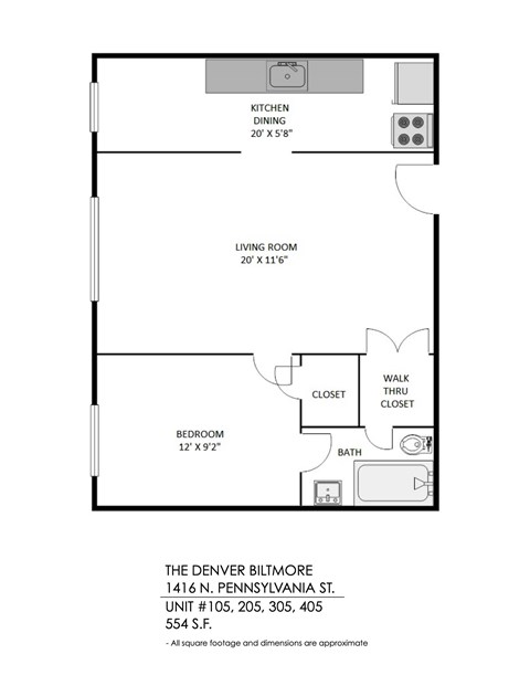 A floor plan of a one bedroom apartment in The Denveriltmore.